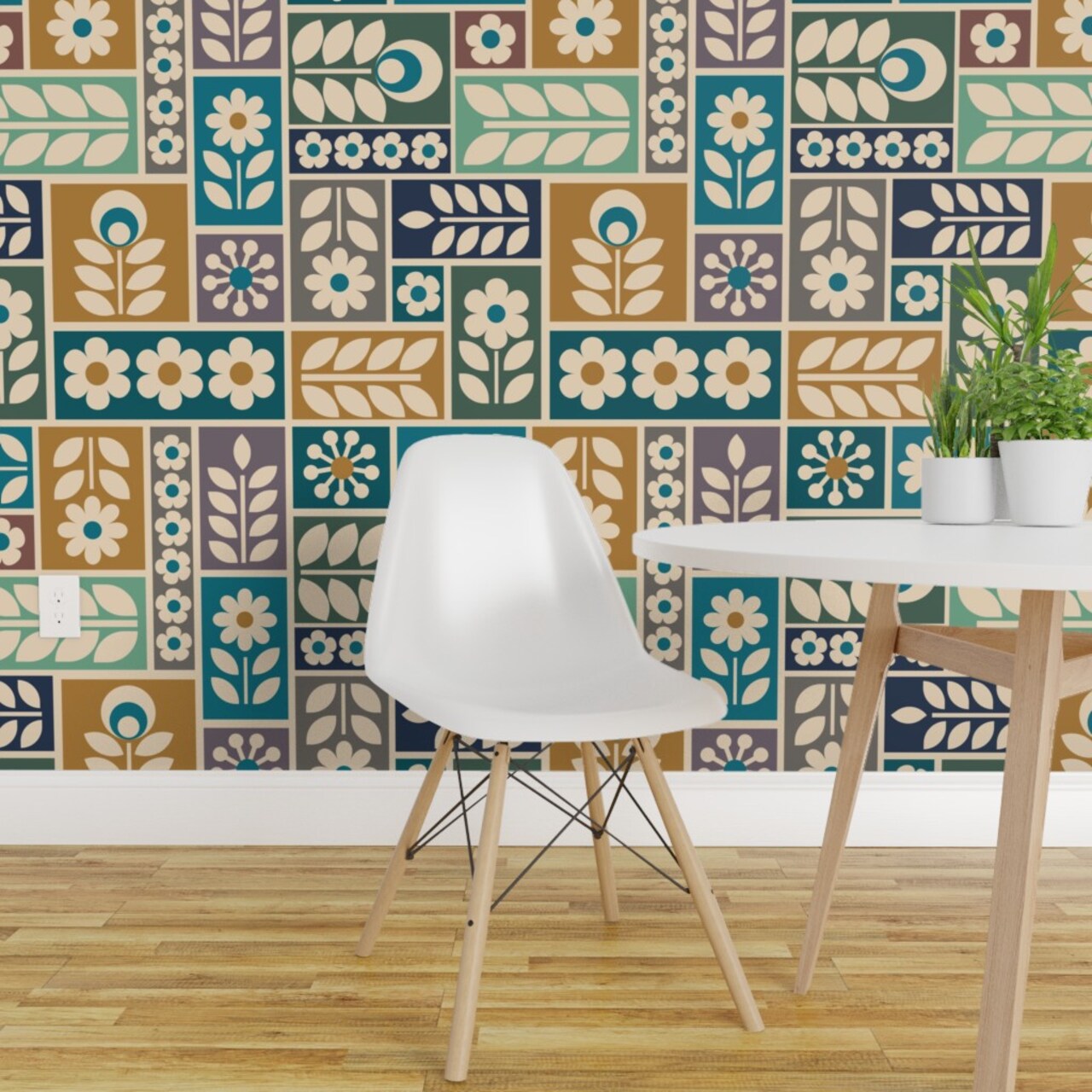 Peel & Stick Wallpaper 2FT Wide Folk Floral Scandi Botanical Geometric Multicolor Daisy Scandinavian Blue Yellow Custom Removable Wallpaper by Spoonflower